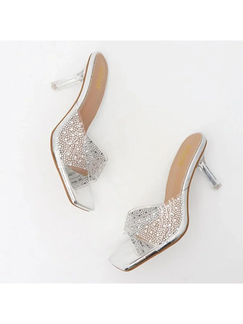 Women's Silver Rhinestone Stiletto Square Open Toe Backless High Heel Sandals